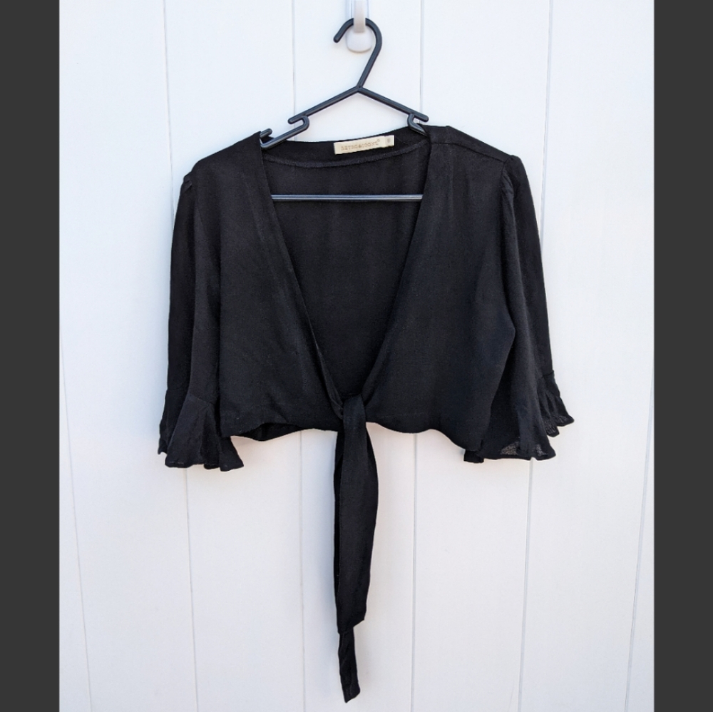 Cropped Self-Tie Top with 3/4 Sleeves